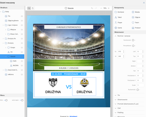 Kreator szablonów EchoSport z edytowalnym projektem sportowym